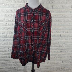 Dress Barn Womens Top 2X Plus Long Sleeve Button Up Red Black Plaid PLA86E